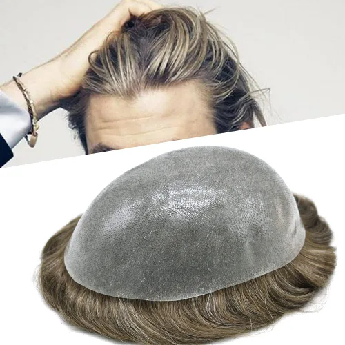 Vista 26 de PU Toupee para hombres pieza de pelo real sistema de reemplazo de cabello humano para hombres Toupee pieza de pelo para hombres piel polivinílica
