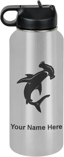 Vista 76 de LaserGram Botella de agua personalizada, tiburón martillo, acero inoxidable de doble pared aislada al vacío con popote superior, regalo grabado