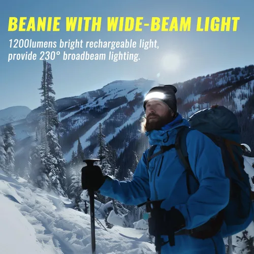Vista 2 de Easymaxx Paquete de 2 Gorros con Linterna Frontal Recargable, 1200 Lúmenes LED Gorro con Luz de Haz Ancho Integrada, 6 Modos, Gorro de Invierno