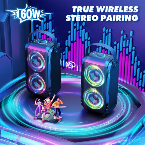 Vista 5 de W-KING Altavoz Bluetooth de 80 W con micrófono inalámbrico, altavoz Bluetooth portátil para fiesta, 2 controladores de rango completo/graves