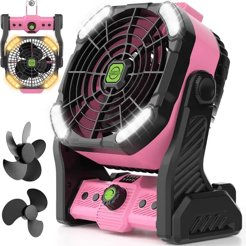 Vista 10 de RUNTOP Ventilador de 20000 mAh, funciona con pilas, ventilador de campamento de 2 aspas, ventiladores de escritorio recargables por USB con luz LED