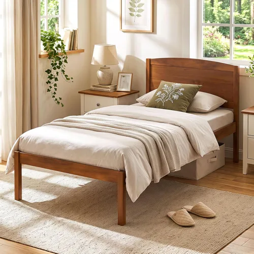 Vista 8 de GIANTEX Twin Size Wooden Bed Frame with Curved Headboard, Wood Slat Support