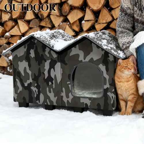 Vista 4 de Casa para gatos con calefacción al aire libre, casa elevada y aislada resistente a la intemperie para exteriores, refugio para gatos con almohadilla