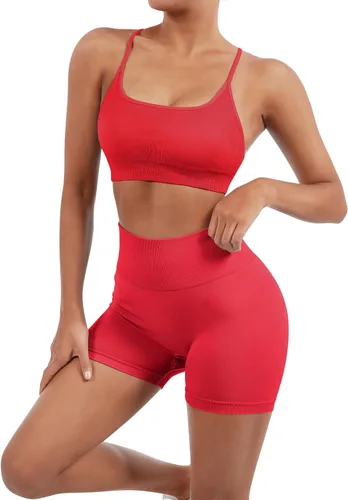 Vista 4 de SUUKSESS Conjuntos de entrenamiento sin costuras para mujer, sujetador deportivo con tiras y cintura alta, pantalones cortos