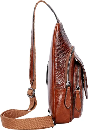 Vista 4 de PIJUSHI Mochila bandolera de cuero genuino para hombres y mujeres casual Crossbody hombro pecho Daypack