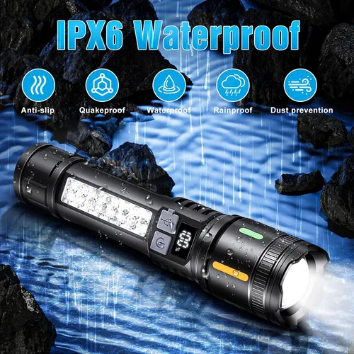 Vista 5 de Linternas LED recargables de alto lúmenes, linterna táctica súper brillante de 3000 lm con luz lateral de mazorca, 5 modos de luz, IPX6 impermeable