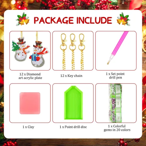 Vista 4 de Ferraycle 12 piezas de adornos de Navidad de arte de diamantes de Navidad, adornos de pintura de diamantes 5D, kits de llaveros de pintura colgante