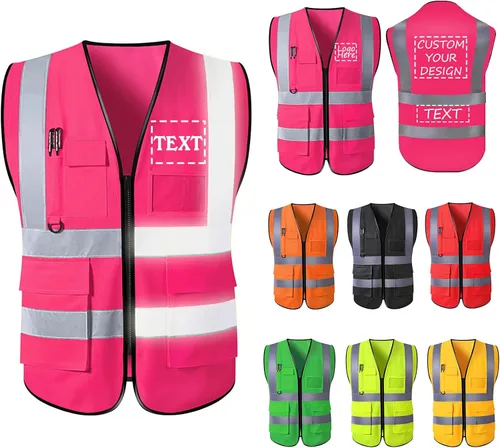 Vista 12 de Chaleco de seguridad con logotipo personalizado para hombre, chaleco de trabajo protector de alta visibilidad con reflectante