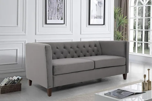 Vista 2 de Container Furniture Direct Sofá clásico de oficina tapizado de terciopelo de tres plazas con capitoné, cómodo sofá de oficina para espacios grandes