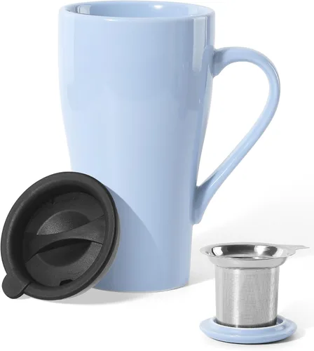 Vista 9 de Taza de té con infusor y 2 tapas, taza infusor de té grande de 18 onzas, taza coladora de té para hojas sueltas, taza de viaje con soporte para Azul