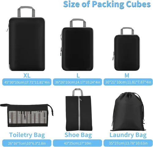 Vista 5 de Cubos de embalaje de compresión para maleta, 6 bolsas de viaje organizadoras para equipaje, cubos organizadores para artículos esenciales de viaje