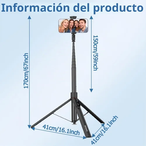 Vista 8 de ORMOS Trípode para selfie, extensible de 67 pulgadas, aleación de aluminio y silicona, compatible con todos los teléfonos celulares, soporte