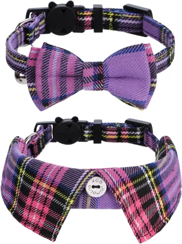 Vista 12 de Faleela Juego de 2 collares de gato con corbata de moño y campana, collar de camisa a cuadros para gatito ajustable de seguridad
