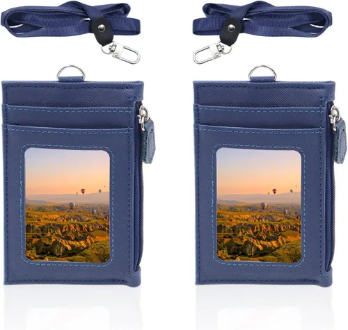 Vista 9 de Paquete de 2 portatarjetas de piel sintética con bolsillo con cremallera, cartera con cordón, tarjetero para tarjetas de identificación con 4 Negro