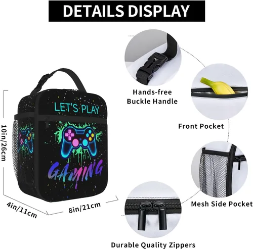 Vista 6 de SARA NELL Lonchera con controlador de juegos, bolsa de almuerzo colorida para niños, lonchera impermeable con aislamiento térmico para niños, mini