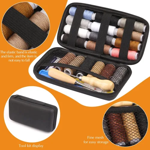 Vista 6 de BUTUZE Kit de reparación de tapicería, kit de costura de cuero, hilo de coser, hilo encerado, agujas de coser a mano resistentes, punzón de costura