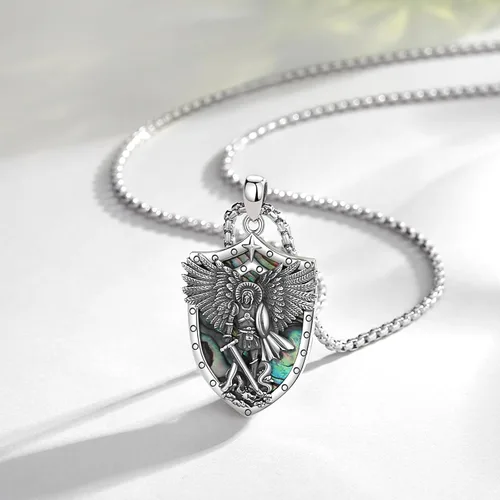 Vista 3 de AEONSLOVE Collar de San Miguel para hombres y mujeres, plata de ley 925, colgante de arcángel de San Miguel con madreperla de San Miguel collar