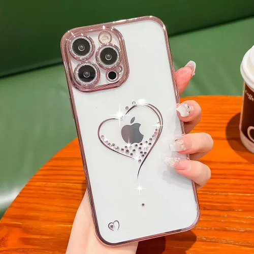 Vista 2 de Bling Glitter Heart compatible con iPhone 13 Pro de 6.1 pulgadas, bonito protector de cámara completo brillante para mujer, funda de teléfono Oro
