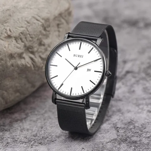 Vista 5 de BUREI Reloj de pulsera analógico de cuarzo ultrafino, calendario de fecha, correa de malla de acero inoxidable