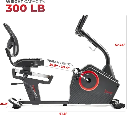 Vista 5 de Sunny Health & Fitness Smart Recumbent Bike with Pulse Sensors, Home Cycling Workout Machine w/Cushion Seat & Mesh-Backrest, Free SunnyFit App