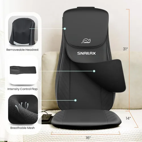 Vista 6 de Snailax Masajeador Shiatsu de espalda y cuello 2026 con calor, almohadilla para silla de masaje de amasamiento profundo, intensidad ajustable, cojín
