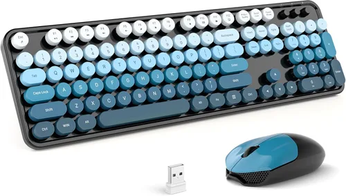 Vista 22 de MOFII Combo de teclado y mouse inalámbricos, teclado retro con teclas redondas de colores, conexión USB Plug Play de 2.4 GHz para PC, laptop