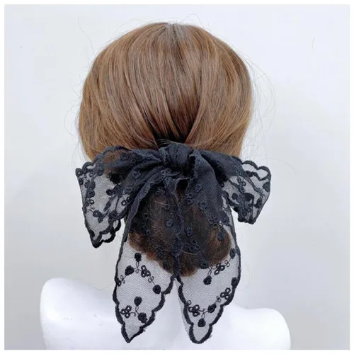 Vista 3 de 3 pañuelos de encaje para la cabeza, pañuelo para el cabello, asa de bolso de mano, cinta envolvente, Blanco, Negro