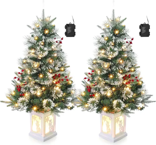 Vista 12 de Árbol de Navidad artificial preiluminado de 3 pies, árbol de Navidad de nieve flocada premium con LED blanco cálido, mini árbol de Navidad Base