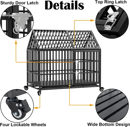 Vista 3 de Jaula para perros resistente de 50 pulgadas con 4 ruedas, doble puerta indestructible, a prueba de escapes, jaula grande XXL para interiores con 2