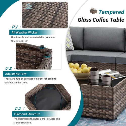 Vista 3 de SUNLEI Juego de muebles de patio de 5 piezas, sofá modular de ratán con respaldo bajo para todo tipo de clima, mesa de té y cojines de sofá