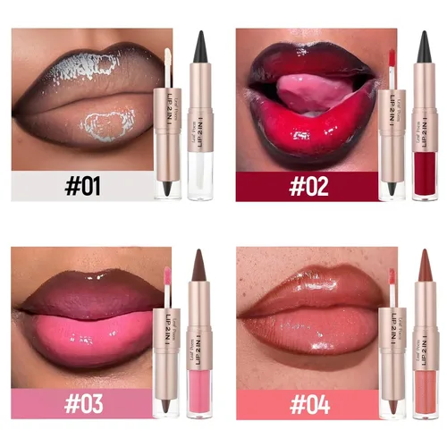 Vista 4 de BAISEN DIARY 2 en 1 doble punta mate delineador de labios y brillo de labios, lápiz combinado de labios marrón nude degradado, delineador de labios