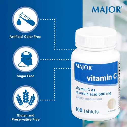 Vista 5 de MAJOR Vitamina C-500 mg de ácido ascórbico - Tabletas de vitamina C - Suplemento dietético - 100 unidades (1 paquete)
