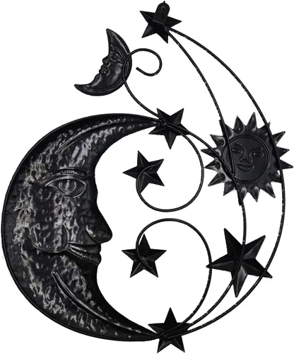 Vista 8 de Decoración de pared de metal para exteriores, tamaño grande de 17 pulgadas, escultura de pared de metal con luna y estrellas para decoración