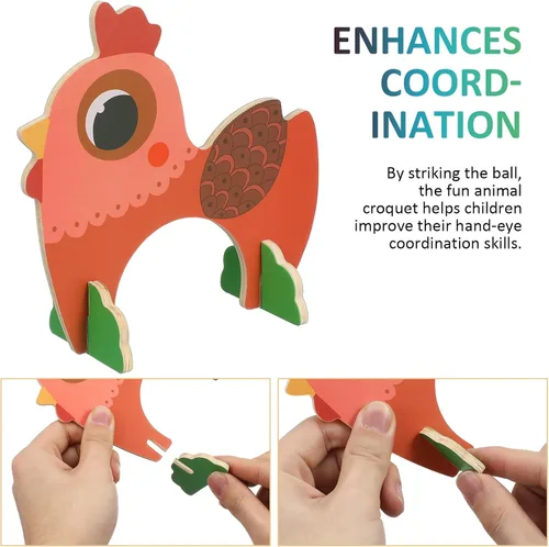 Vista 3 de TOYANDONA Juego de croquet para niños, juego de croquet de animales de madera de dibujos animados, divertidos juegos de césped para niños y niñas