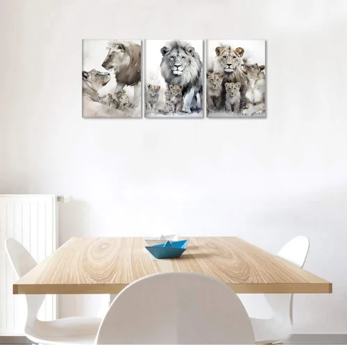 Vista 3 de 3 piezas modernas de lienzo de león de animales salvajes, pinturas de retratos de familia de leones, decoración de pared, obras de arte de sala