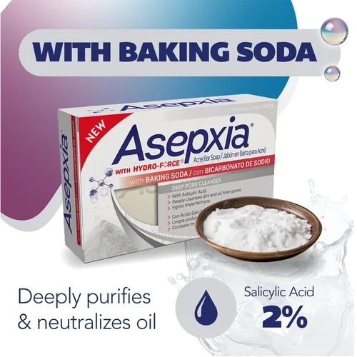 Vista 4 de Asepxia Jabón en barra para tratamiento del acné con bicarbonato de sodio, lavado facial, limpieza profunda, extractos naturales, uso diario suave