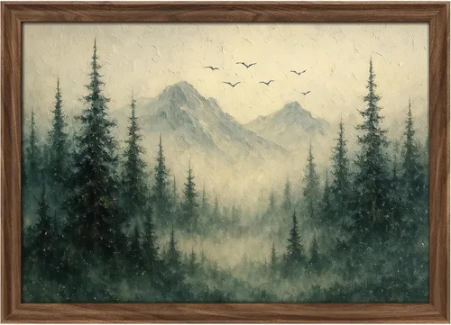Vista 347 de MUDECOR Lienzo enmarcado prémium para pared, pinos nevados en bosque de invierno, ilustraciones modernas, arte contemporáneo, escénico, divertido