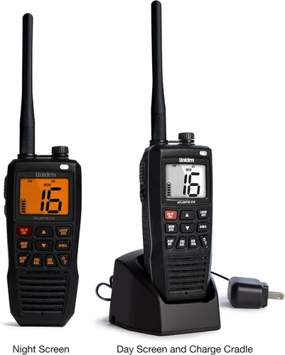 Vista 3 de Uniden Atlantis 275 - Radio marina VHF bidireccional de mano, sumergible IPX8 flotante impermeable, pantalla grande de doble color, 6 vatios, todos