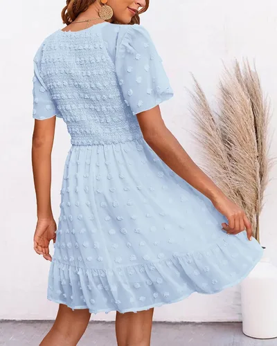 Vista 4 de BTFBM - Vestido de vacaciones en la playa para mujer, cuello en V, manga corta, fruncido, plumetí, casual, con volantes,vestidos cortos