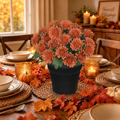 Vista 6 de Flores artificiales de crisantemo en maceta negra de 9 pulgadas, plantas artificiales de seda para decoración de interiores y exteriores, centro