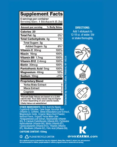Vista 2 de Karma Paquetes de hidratación energética, paquete de 6, mezcla de bebida de sandía y arándanos con nootrópicos Cognizin®, vitaminas y apoyo