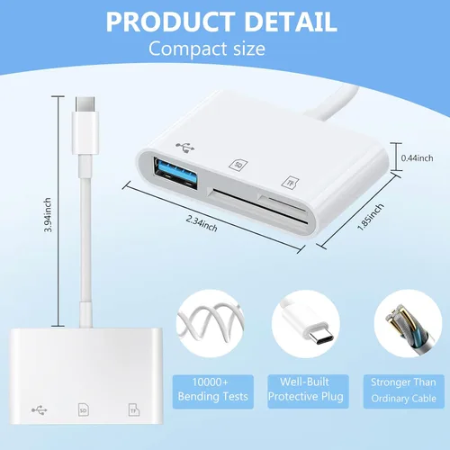 Vista 7 de Lector de tarjetas SD USB C para iPhone, lector de tarjetas de memoria 3 en 1, ranuras dobles con adaptador de cámara USB, adaptador de cámara