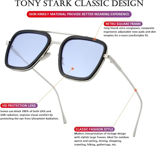 Vista 5 de PORADAY Tony Stark - Gafas de sol de Iron Man, montura cuadrada de metal vintage