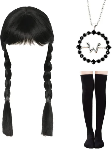 Vista 5 de Mcgeeney Disfraz negro para niñas pequeñas con peluca, collar, cinturón y calcetines, ideal para Halloween