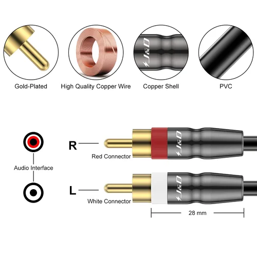 Vista 2 de J&D Cable RCA, 2 RCA macho a macho, carcasa de cobre chapada en oro, resistente, compatible con altavoz, amplificador, subwoofer, 3 pies