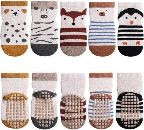 Vista 9 de 5 pares de calcetines antideslizantes de algodón para bebés y niños pequeños con diseño de animales