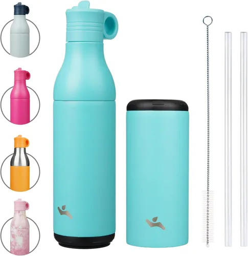 Vista 9 de Konokyo Botella de agua de acero inoxidable de 13 onzas con pajilla, aislada, botella de viaje de metal reutilizable con parte inferior extraíble