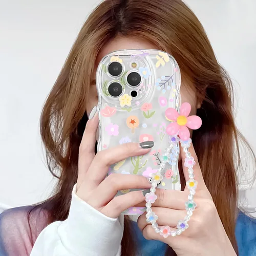 Vista 6 de Newseego Funda para iPhone 13 Pro, bonita funda transparente de flores coloridas y rizadas con bonita cadena de pulsera de flores para mujeres