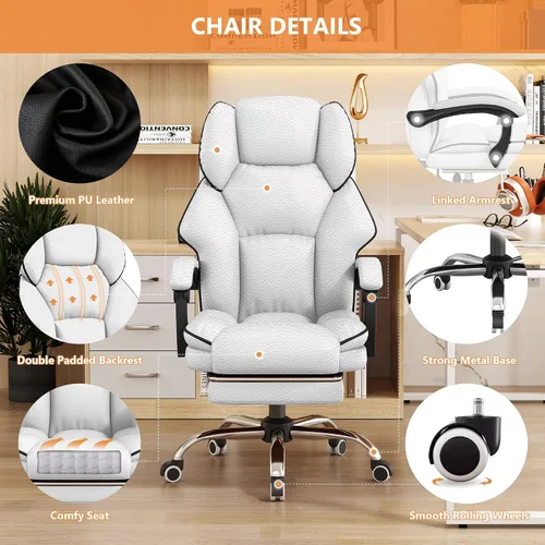 Vista 4 de Silla ejecutiva de oficina con respaldo alto, sillas de juegos para computadora, escritorio de cuero con reposapiés, trabajo ergonómico grande y Gris