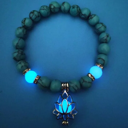 Vista 9 de Pulsera luminosa con forma de flor de loto que brilla en la oscuridad para mujer, piedras turquesas naturales, joyería de oración de yoga, Metal